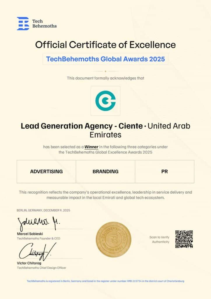 image 1 TechBehemoths names Ciente a 2025 Award Winner across Advertising, Branding, and PR Official certificate of excellence lead generation agency - Ciente.io