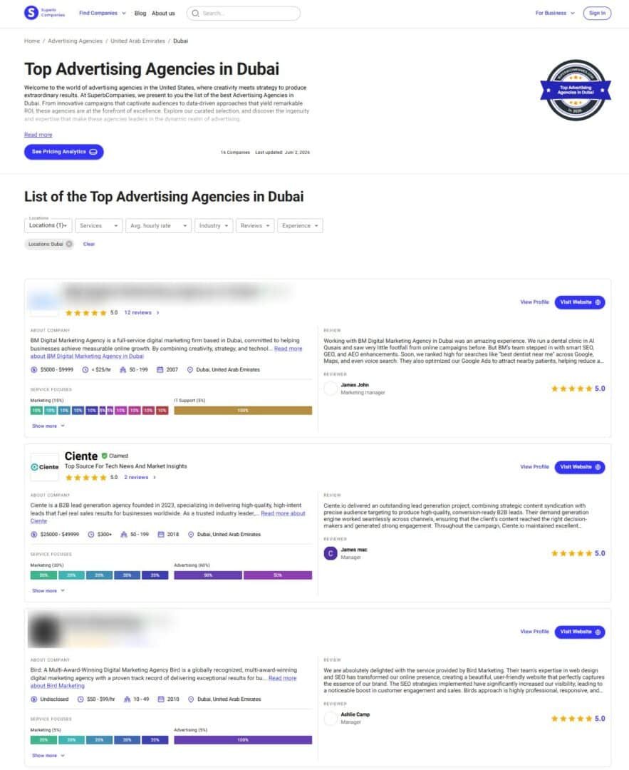 Top 10 Advertising Agencies in Dubai Jun 2026 Ranking SuperbCompanies 06 02 2026 03 11 PM scaled Ciente Ranks #2 Among the Top Advertising Agencies in Dubai Ciente get 2 position for top advertising agency in dubai.