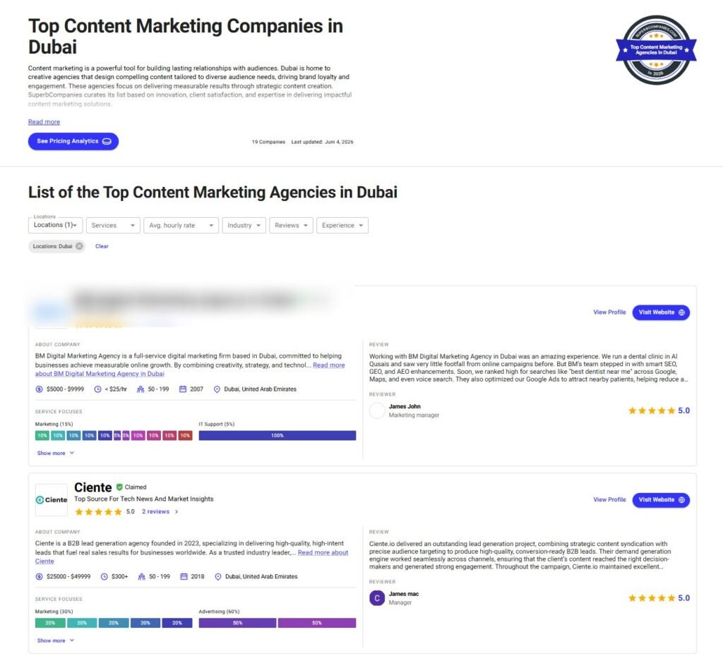 Top 10 Content Marketing Companies in Dubai Jun 2026 Ranking SuperbCompanies 06 04 2026 03 42 PM Ciente Ranks No.2 in SuperbCompanies' Top Content Marketing Companies in Dubai Ciente - Top content marketing companies in dubai