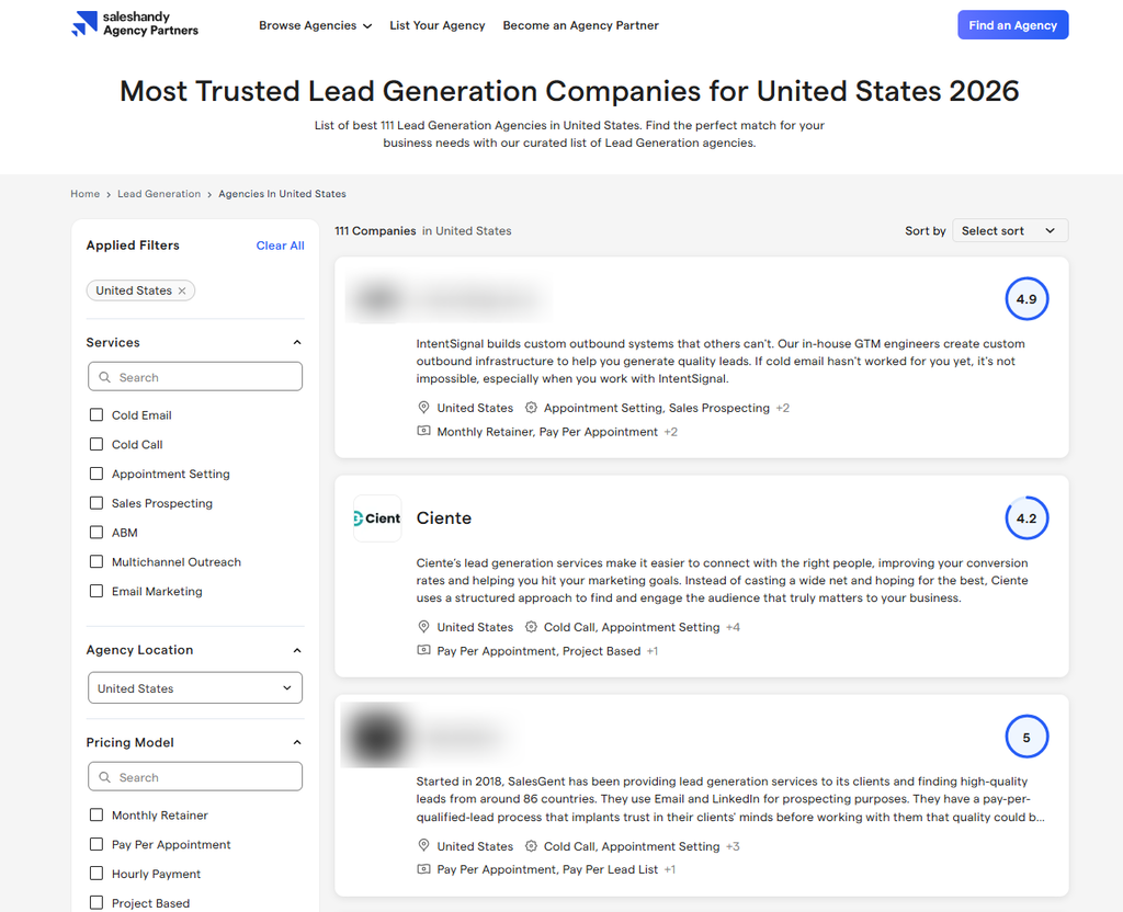Best Lead Generation Agencies in United States 2026 07 16 2026 02 23 PM Ciente Ranked Among the Top 3 Most Trusted Lead Generation Companies in the US by Saleshandy Ciente - Best lead generation company in USA